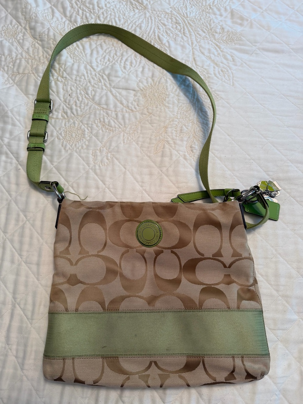 Coach Beige Monogram Crossbody with Green Trim